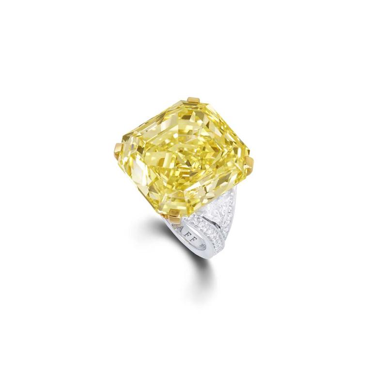 Graff 36.23ct fancy intense emerald cut yellow diamond ring